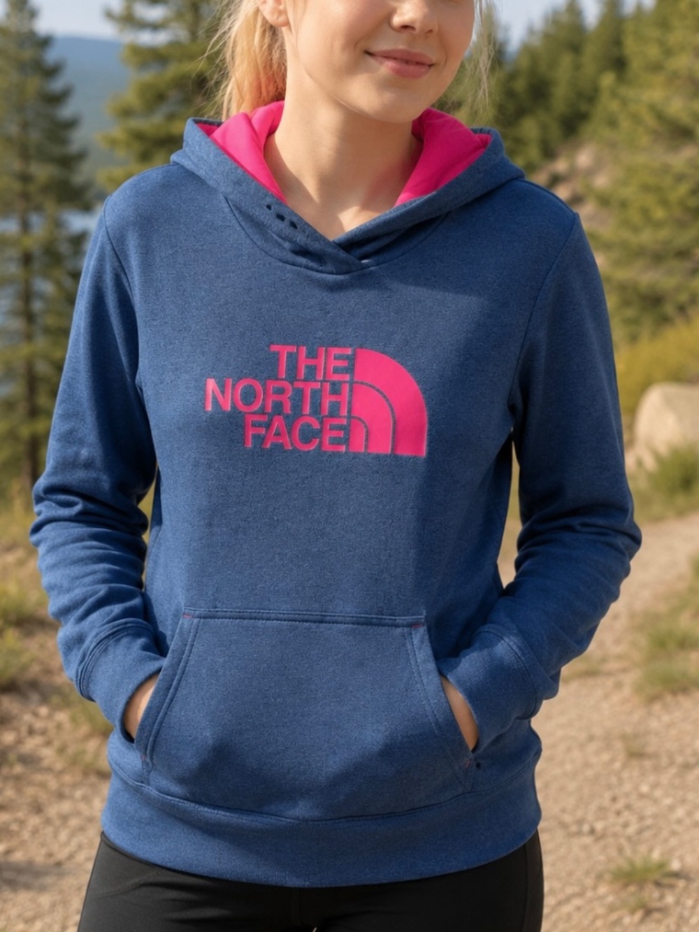 The Northface blue with pink logo, pullover hoodie.